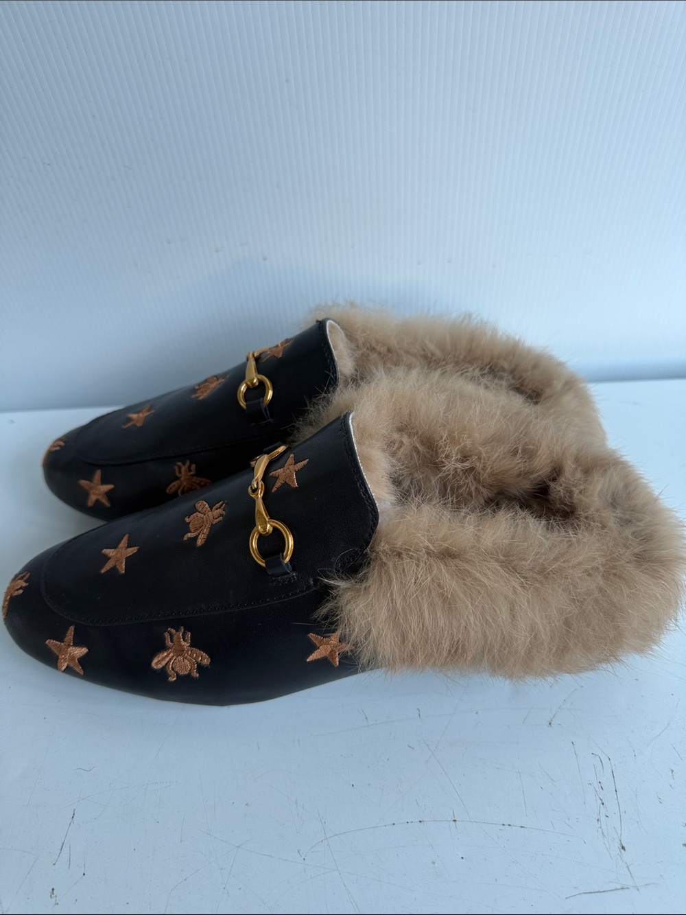 Faux Fur Lined Luxury Slippers Mules Horsebit Buckle Bees Stars US 9.5 EU 40 - Picture 5 of 7
